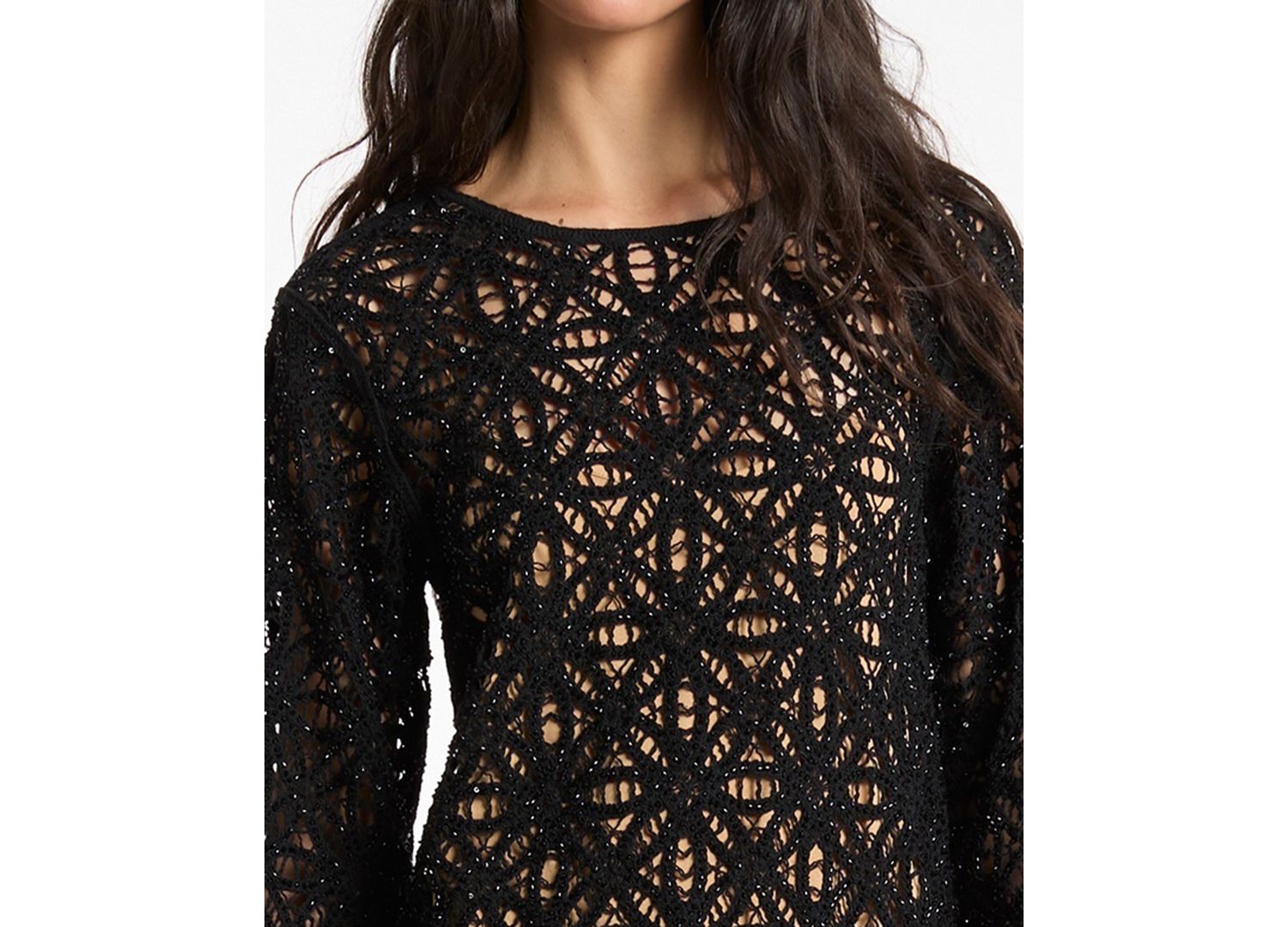 Women's Crochet Crewneck Long-Sleeve Mini Dress