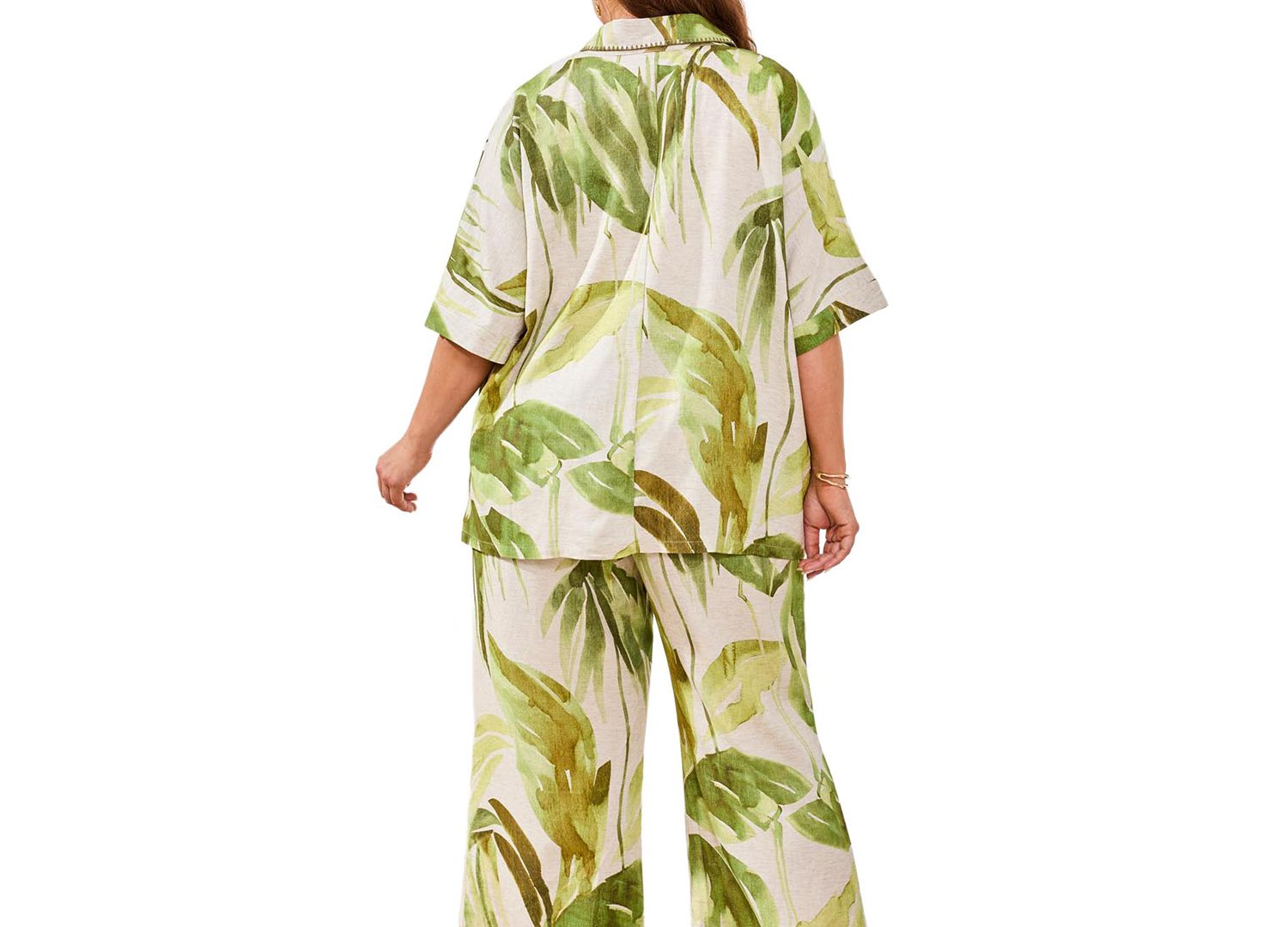 Plus Size Printed Linen Flare Pull-On Ankle Pants