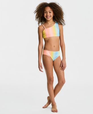 Girls' 7-16 One-Shoulder Ombr&eacute; Stripe Swimsuit, 2-Piece Set