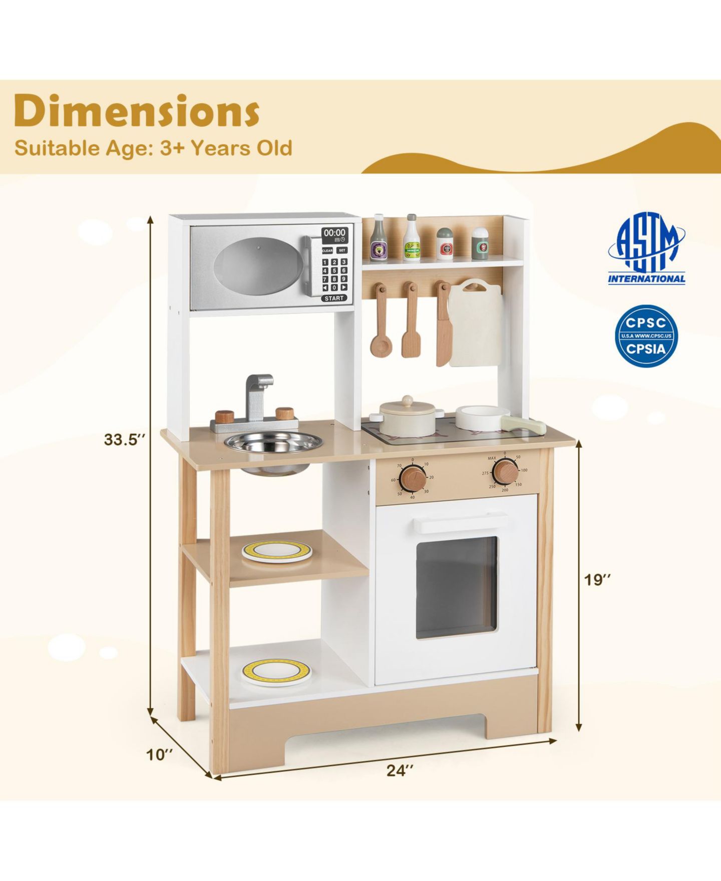 Детская игрушка Mecale Wooden Play Kitchen with Chalkboard, 13 Accessories, Ages 3+, цвет: Коричневый — фото 4