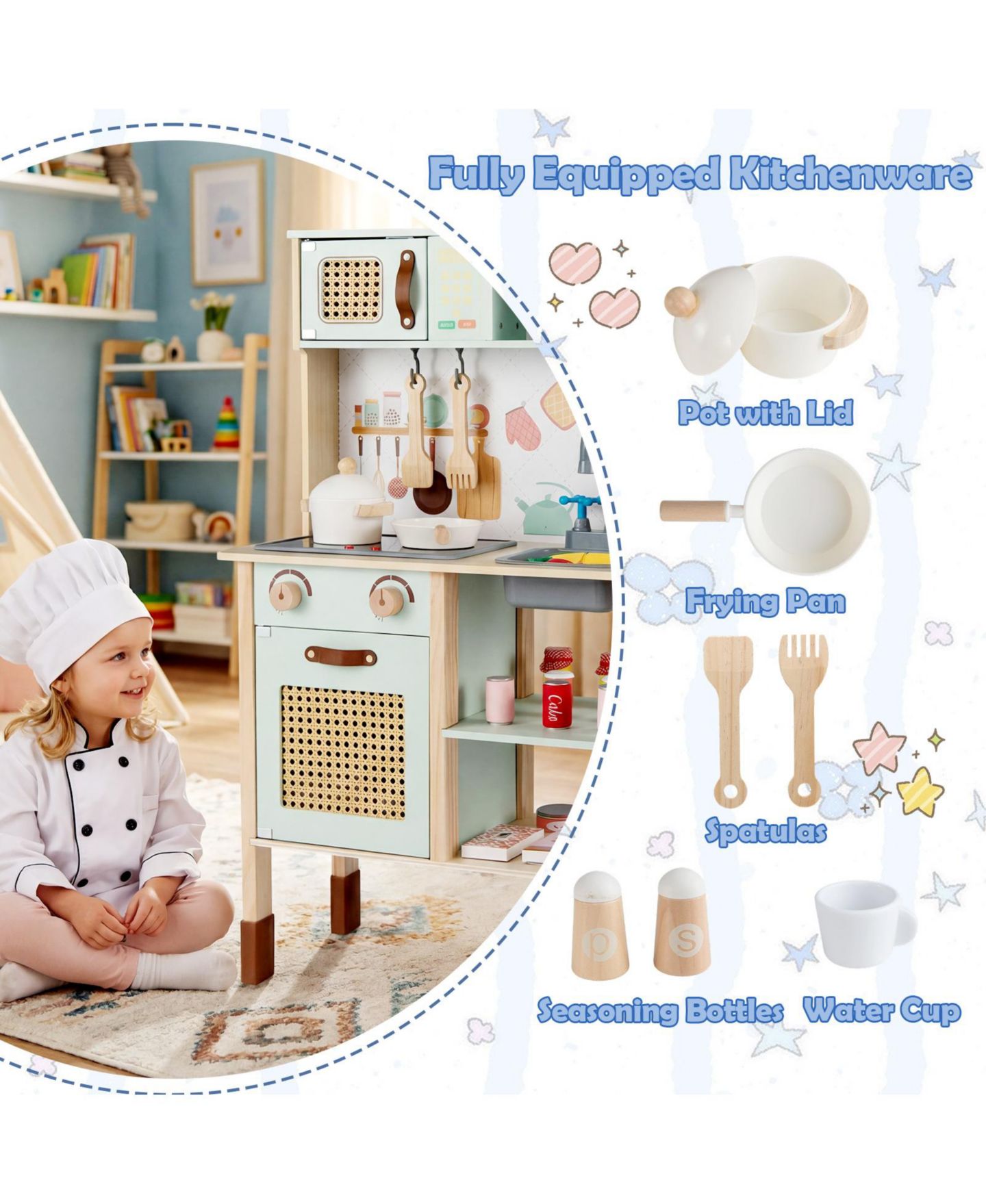 Детская игрушка Mecale Retro-Style Wooden Play Kitchen with Lights and Sounds, Ages 3+, цвет: Зелёный — фото 5