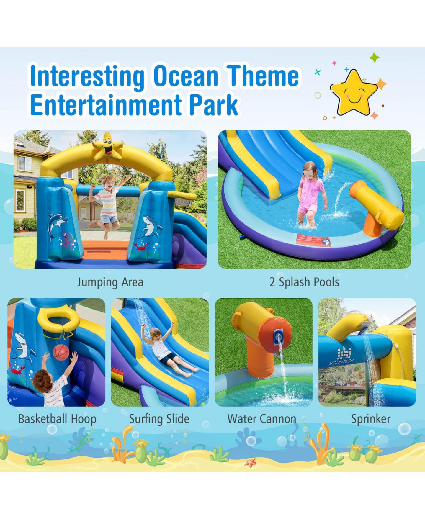 Детская игрушка Mecale Ocean-Themed Bounce House with Splash Pool and Raised Slide, Ages 3-10, цвет: Синий — фото 10