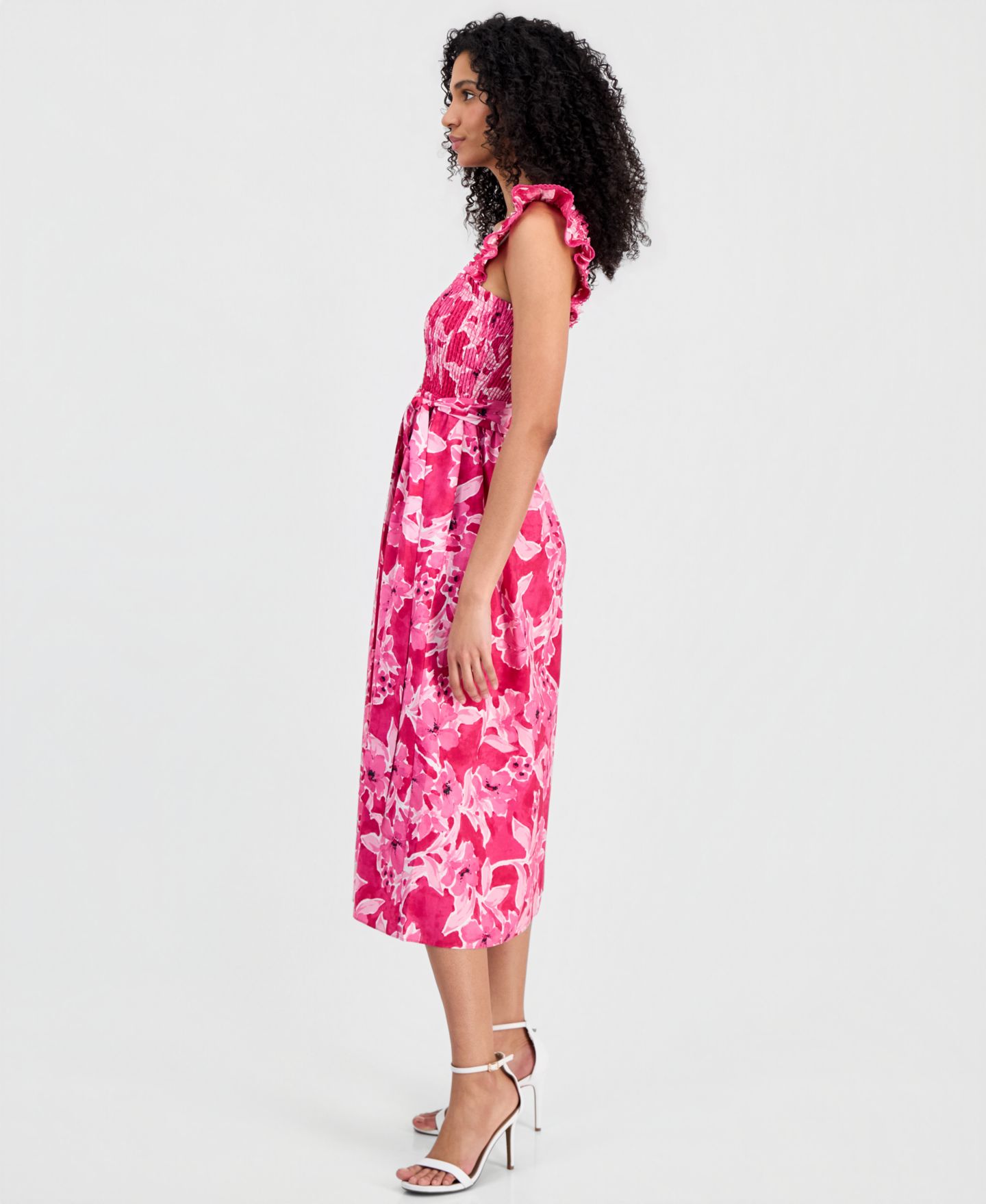 Женское платье Anne Klein Smocked Ruffle-Sleeve Midi, цвет: Розовый разноцветный — фото 2