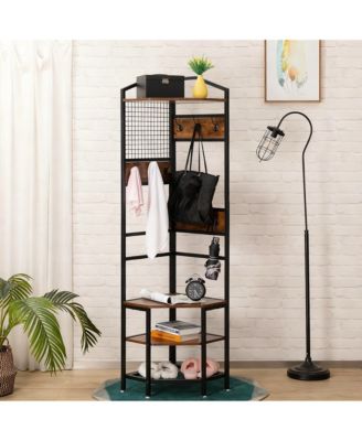 4-Tier Corner Storage Rack with Hooks and Shelves