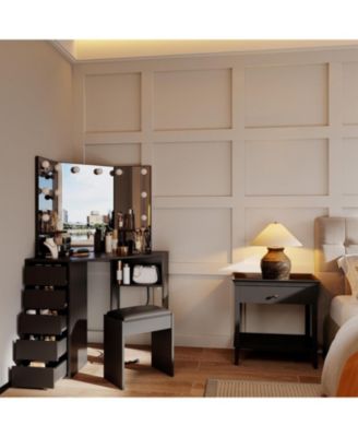 Corner Vanity and Stool - Corner Vanity Desk with Mirror and Lights - 3 Color and Brightness Adjustable Light Corner Makeup Vanity with Power