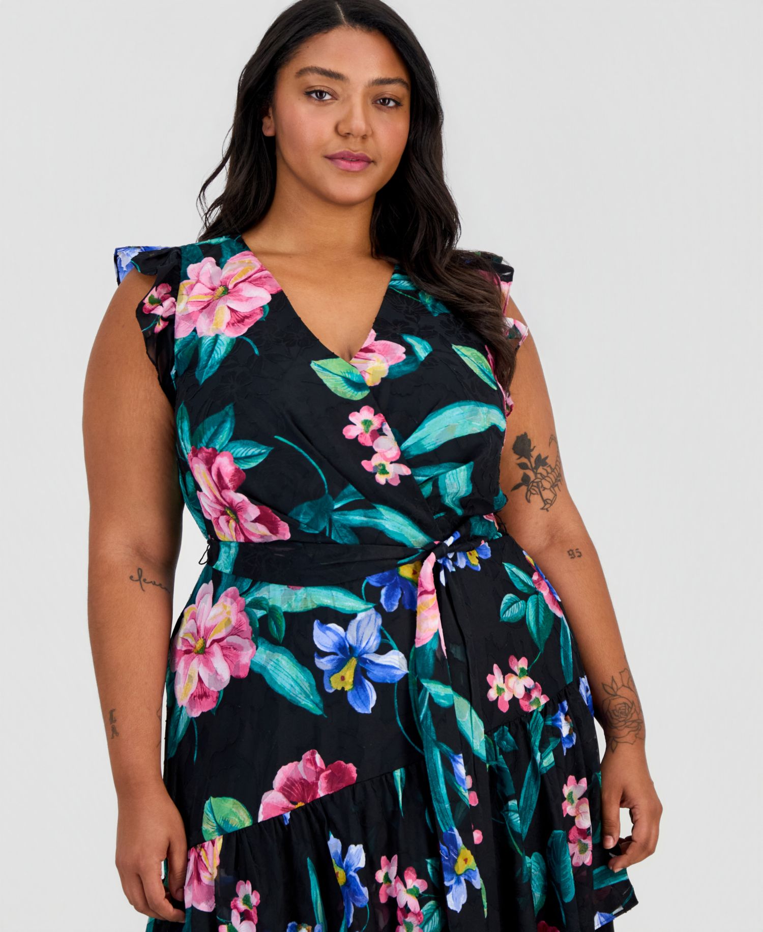 Women's Ruffle-Sleeve V-Neck High-Low Wrap Dress