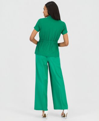 Women's One-Button Short-Sleeve Blazer & High Rise Wide-Leg Pants