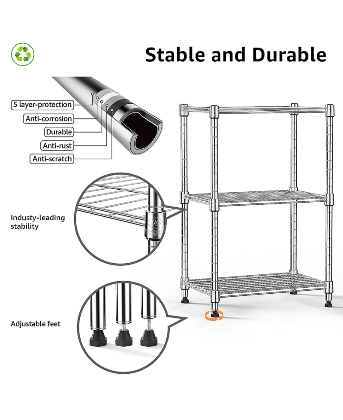 Rainsken 3-Tier Wire Storage Shelving, Adjustable Steel Organizer Rack, 450 lbs Capacity for Garage, Pantry