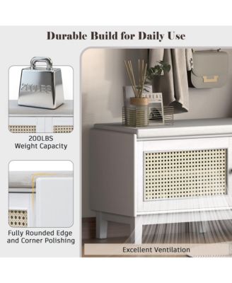 Rattan Shoe Storage Bench, Wooden Shoe Organizer with Cushion, 2 Doors, 2-Tier Shoe Rack and Adjustable Shelves for Entryway, Hallway