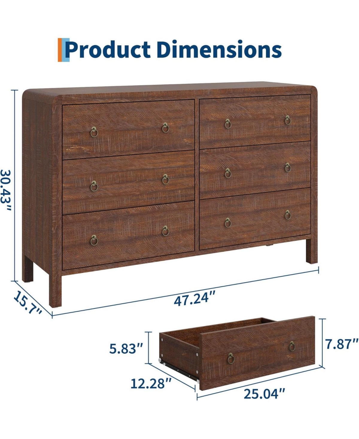 gaomon Modern 6 Drawer Dresser for Bedroom, Dresser Tv Stand with Large Drawers, Walnut Natural Texture