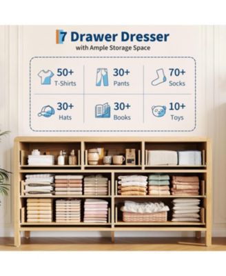 7 Drawer Dresser for Bedroom, Wooden Chest of Dressers for Deep Drawers, Modern Dressers Organizer with Round Handle, TV Stand for Living Room