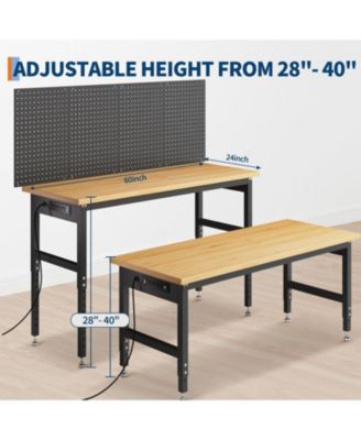 60" Workbench with Pegboard Wall, 2200lbs Weight Capacity Desk, 28"-40" Manual Height Garage Storage Table for Workshop