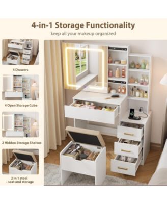 Makeup Vanity Desk with Sliding Mirror, Vanity Dressing Table with Adjustable Lights, Girls Vanity Set with Stool, 4 Compact Vanity Drawers