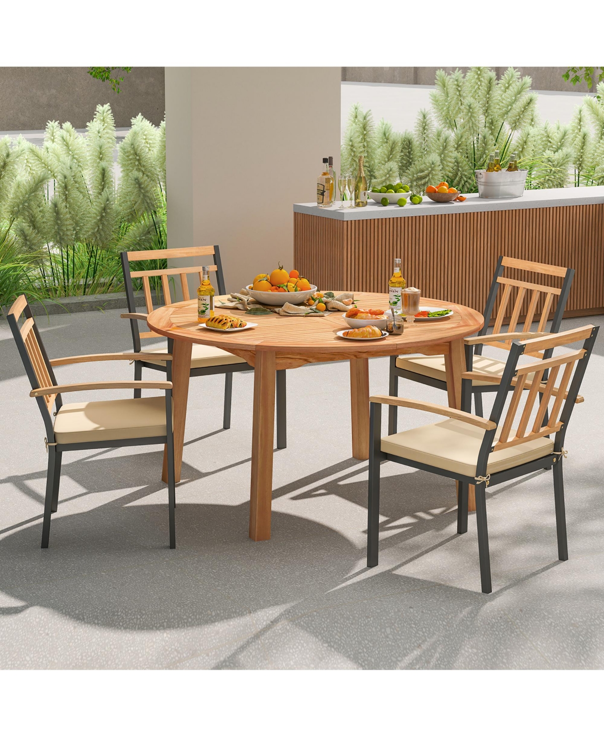 Gymax Round Patio Dining Table Acacia Wood Outdoor Dining Table w/ 2'' Umbrella Hole