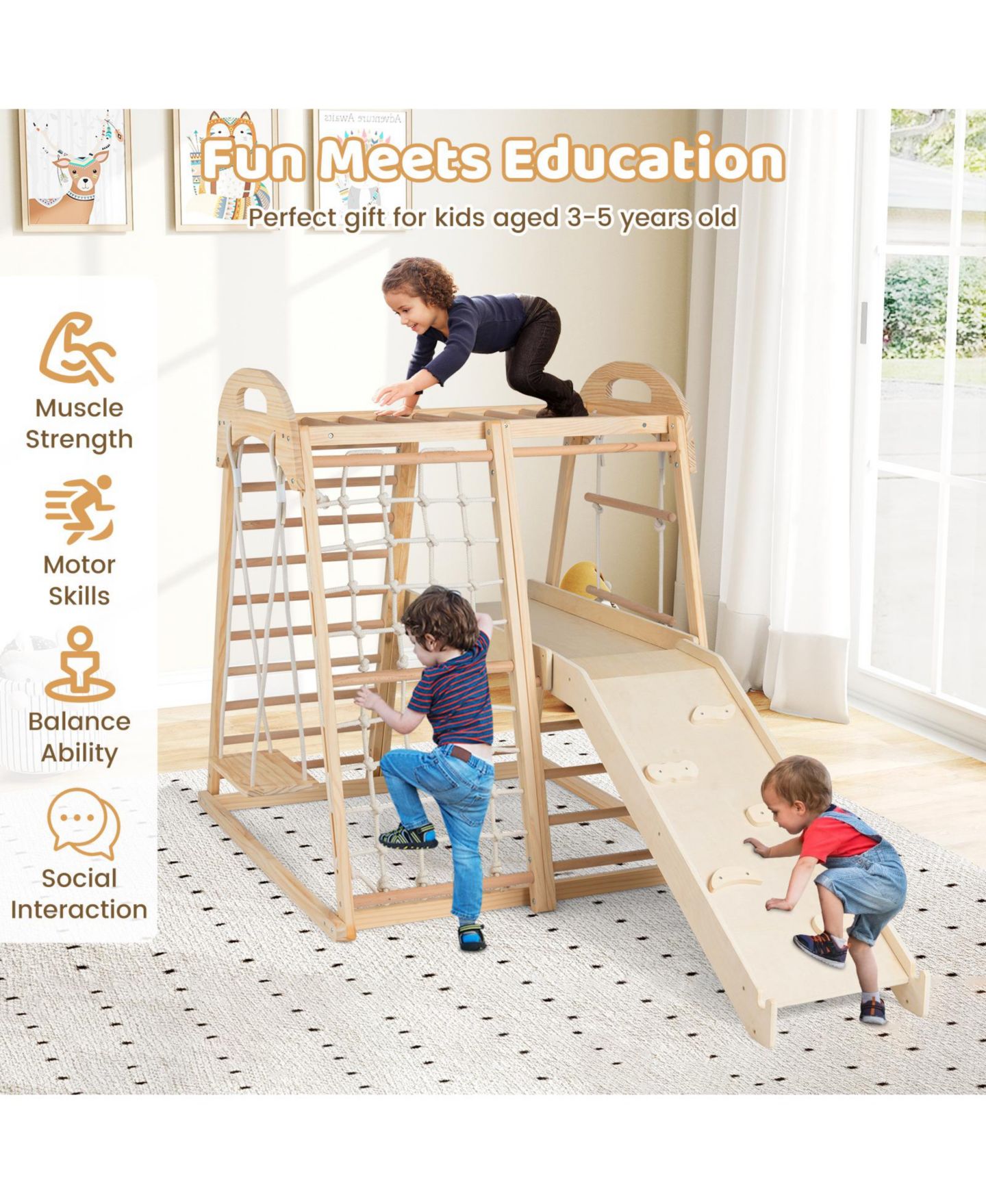 Детская игрушка Mecale 8-in-1 Montessori Wooden Jungle Gym Climber with Slide, Monkey Bars & Climbing Net, Ages 3-5, цвет: Коричневый — фото 9