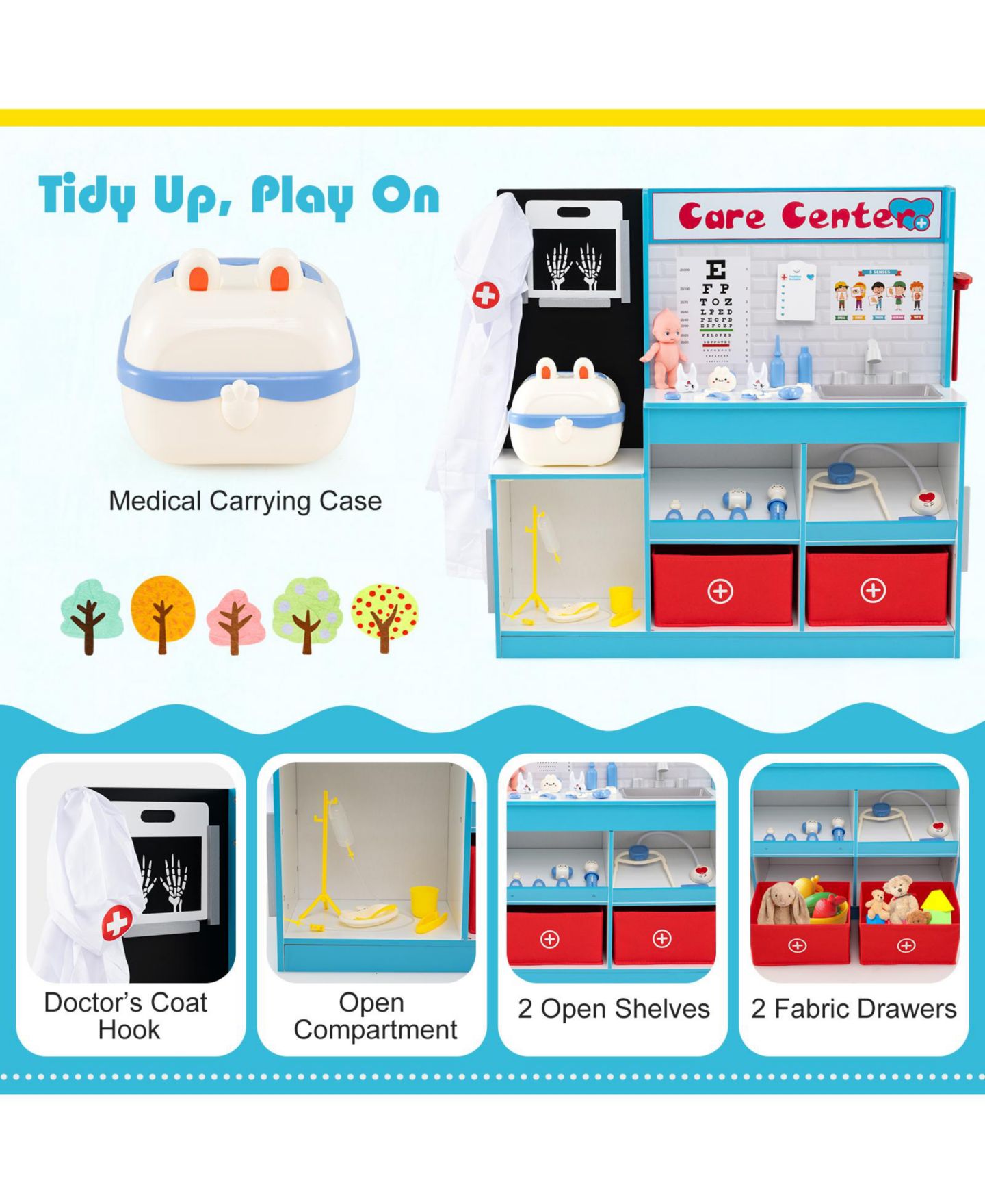 Детские игрушки Mecale Play Doctor s Office Wooden Medical Center Toy Set with Exam Area for Kids, цвет: Синий — фото 6