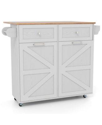 Wood Rolling Kitchen Island Cart with Trash Can Cabinet, Storage Shelves & Rubber Wheels