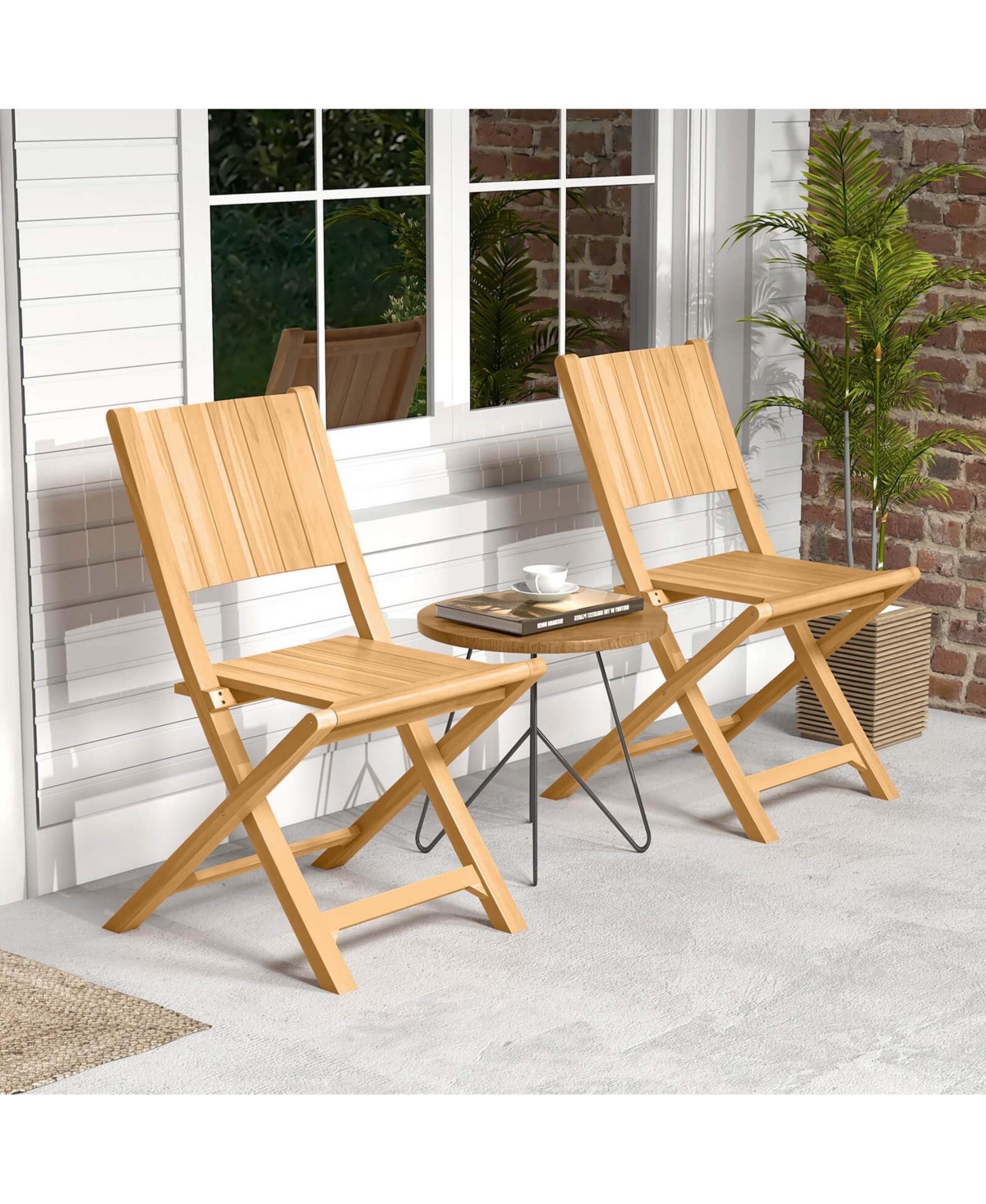 2 Pcs Folding Patio Chairs with Inclined Backrest Teak Wood Outdoor Dining Chairs