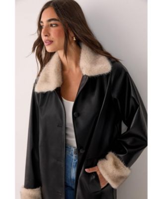 Women's Faux Leather Longline Fur Trim Coat