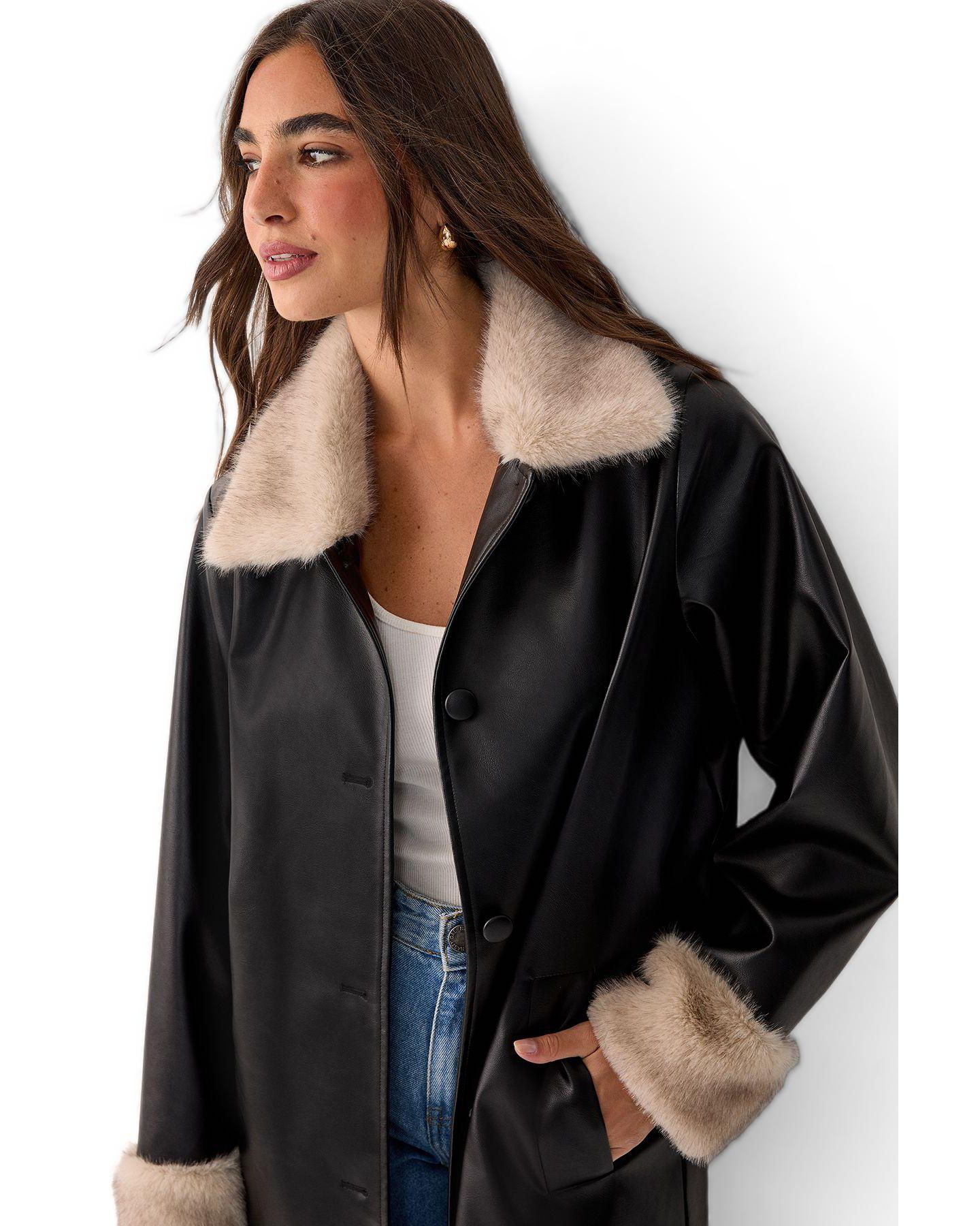 Женское пальто Nasty Gal Faux Leather Longline Fur Trim, цвет: Чёрный — фото 2