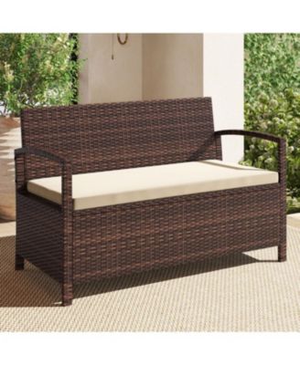 2-Seat PE Wicker Patio Storage Bench with Cushion and Deck Box