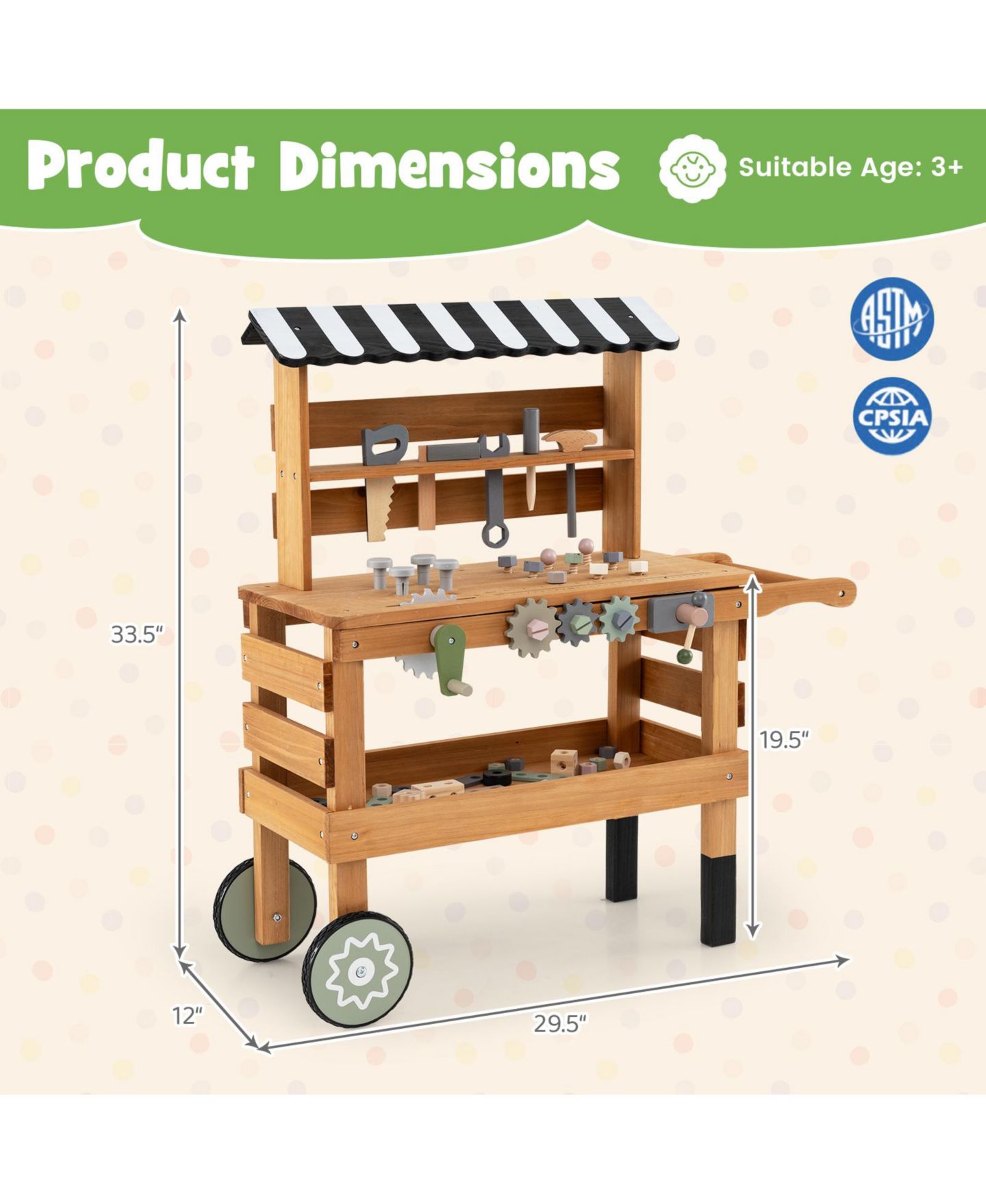 Детская игрушка Mecale 2-in-1 Rolling Wooden Tool Bench, Ages 3+, цвет: Коричневый — фото 3
