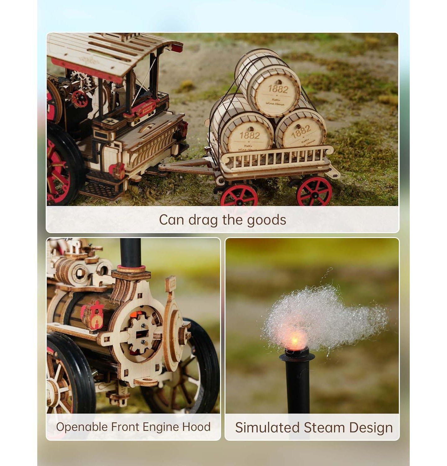Детские конструкторы Robotime Vintage Steam Tractor 469-Piece 3D Wooden Puzzle, Ages 14+, цвет: Бежевый — фото 5