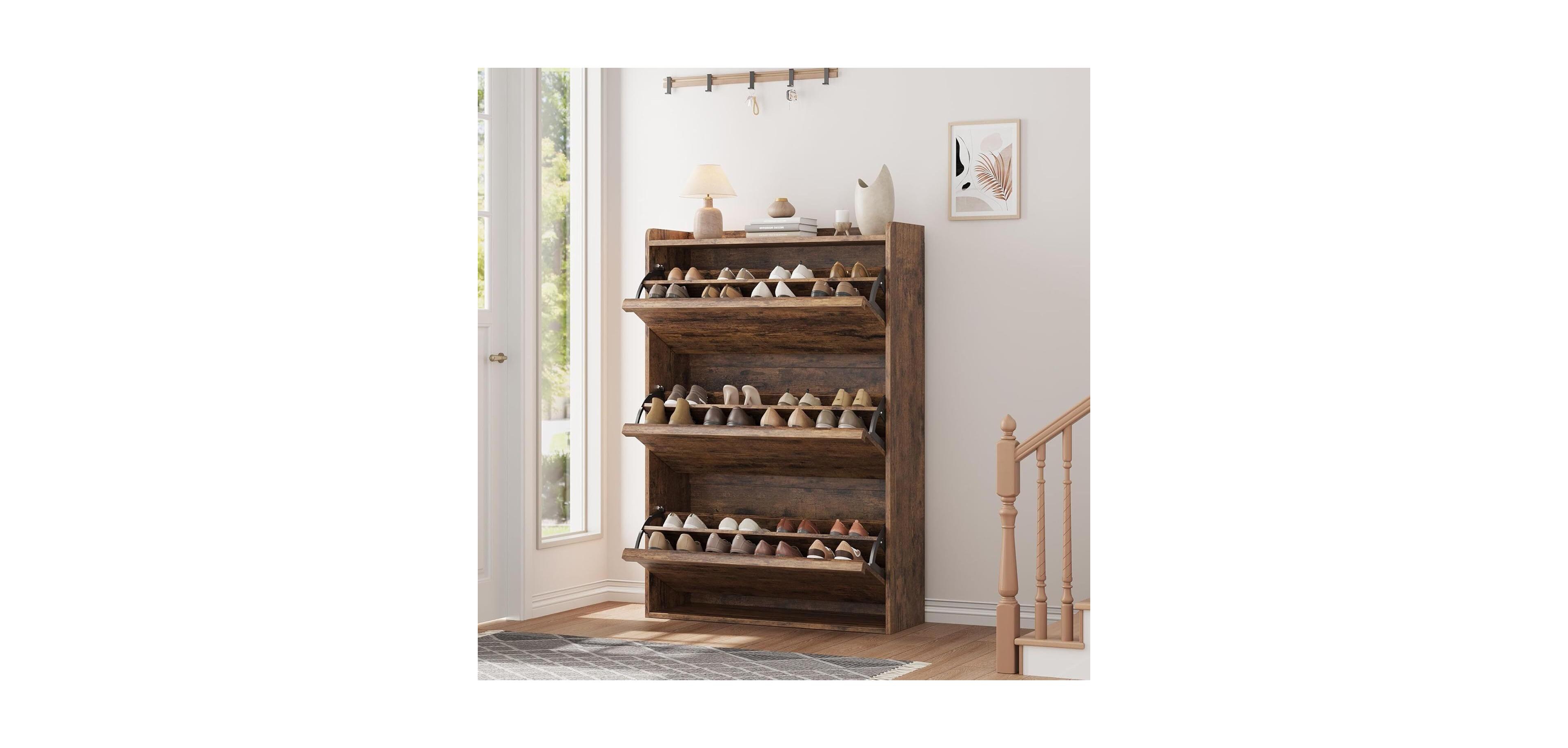 gaomon Shoe Cabinet with 3 Flip Drawers, Wooden Shoe Organizer Cabinet with Adjustable Shelf, Shoe Storage for Entryway, Hidden Shoe Cabinet