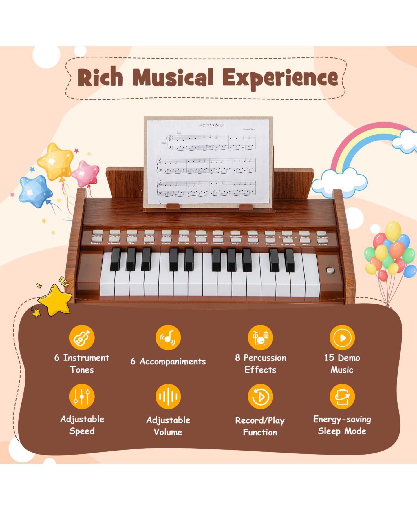 Детская игрушка Mecale 25-Key Children's Piano Keyboard with Light-Up Teaching Mode, Adjustable Speed & Volume, Ages 3+, цвет: Коричневый — фото 3