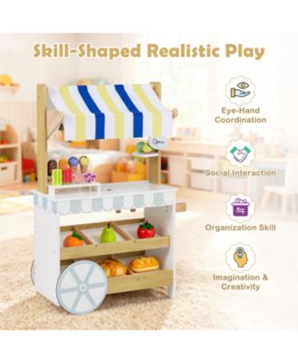 Wooden Ice Cream Cart for Kids, 2-in-1 Grocery Store Playset with Display Shelves