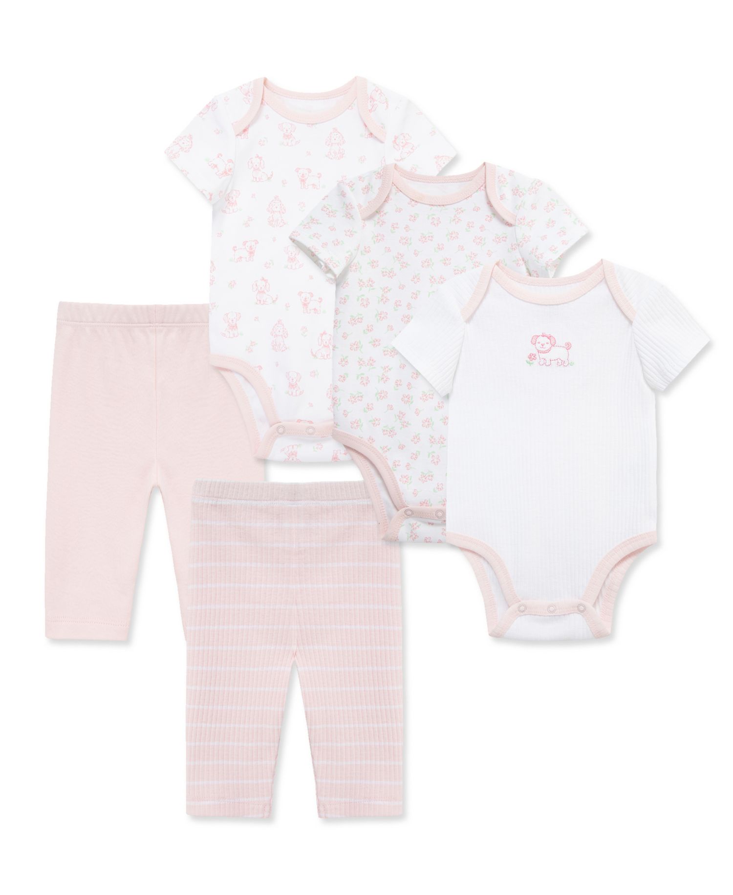 Baby Girls' Puppies Bodysuit and Pants, 5-Piece Set