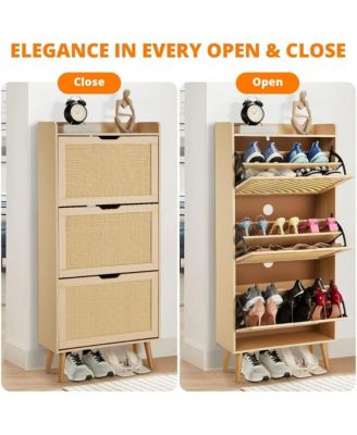 Shoe Cabinet Hidden Shoe Storage with 3 Flip Rattan Flip-Drawer and Anti-Tip Design, Shoe Cabinet, 18-20 Pairs Storage Organizer, MDF Frame