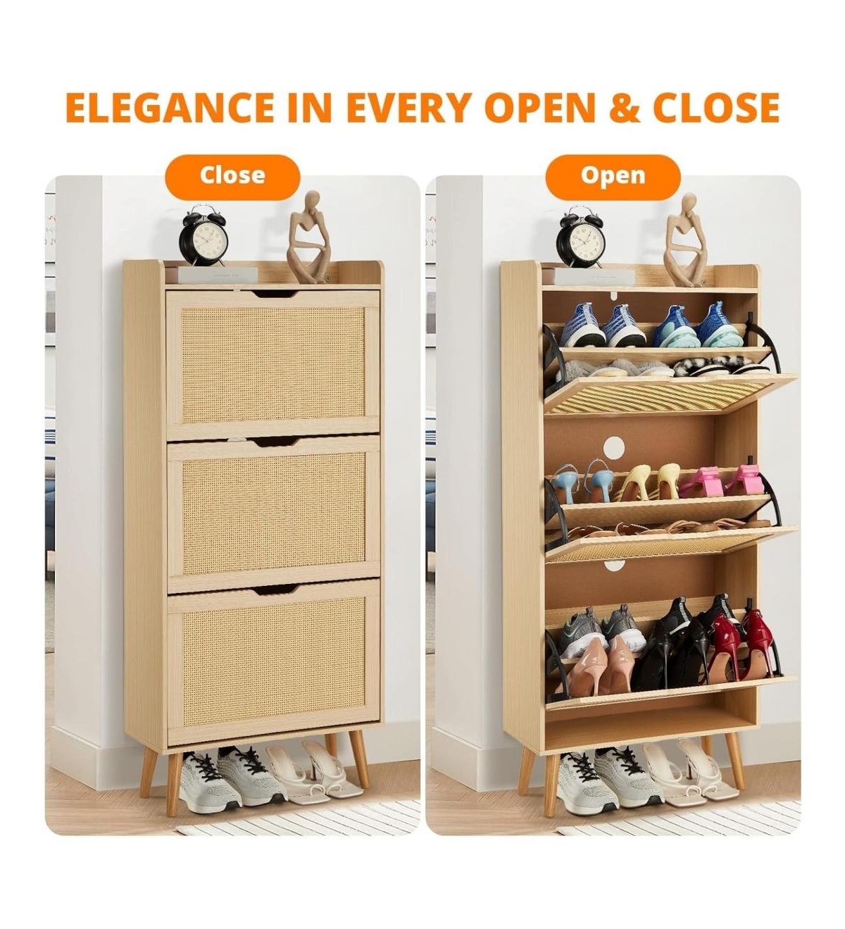 gaomon Shoe Cabinet Hidden Shoe Storage with 3 Flip Rattan Flip-Drawer and Anti-Tip Design, Shoe Cabinet, 18-20 Pairs Storage Organizer, Mdf Frame