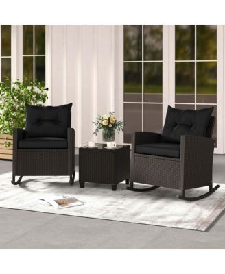 3 PCS Patio Wicker Rocking Set with Tempered Glass Table and Soft Cushions Outdoor