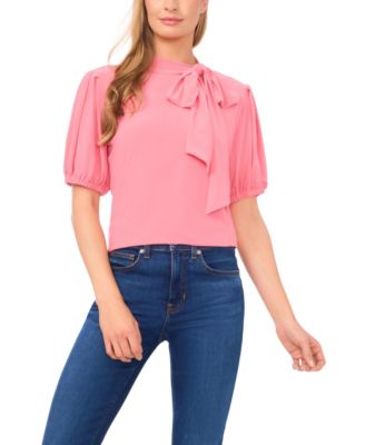 Women's Short-Sleeve Tie Neck Bow Detail Top