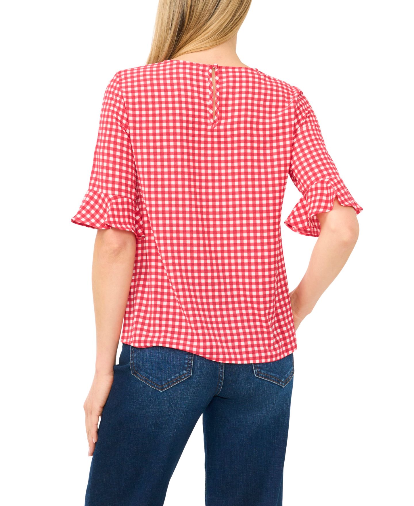 Женская блузка CeCe Gingham Crewneck 3/4-Sleeve Ruffled Cuff, цвет: Бордово-красный — фото 3
