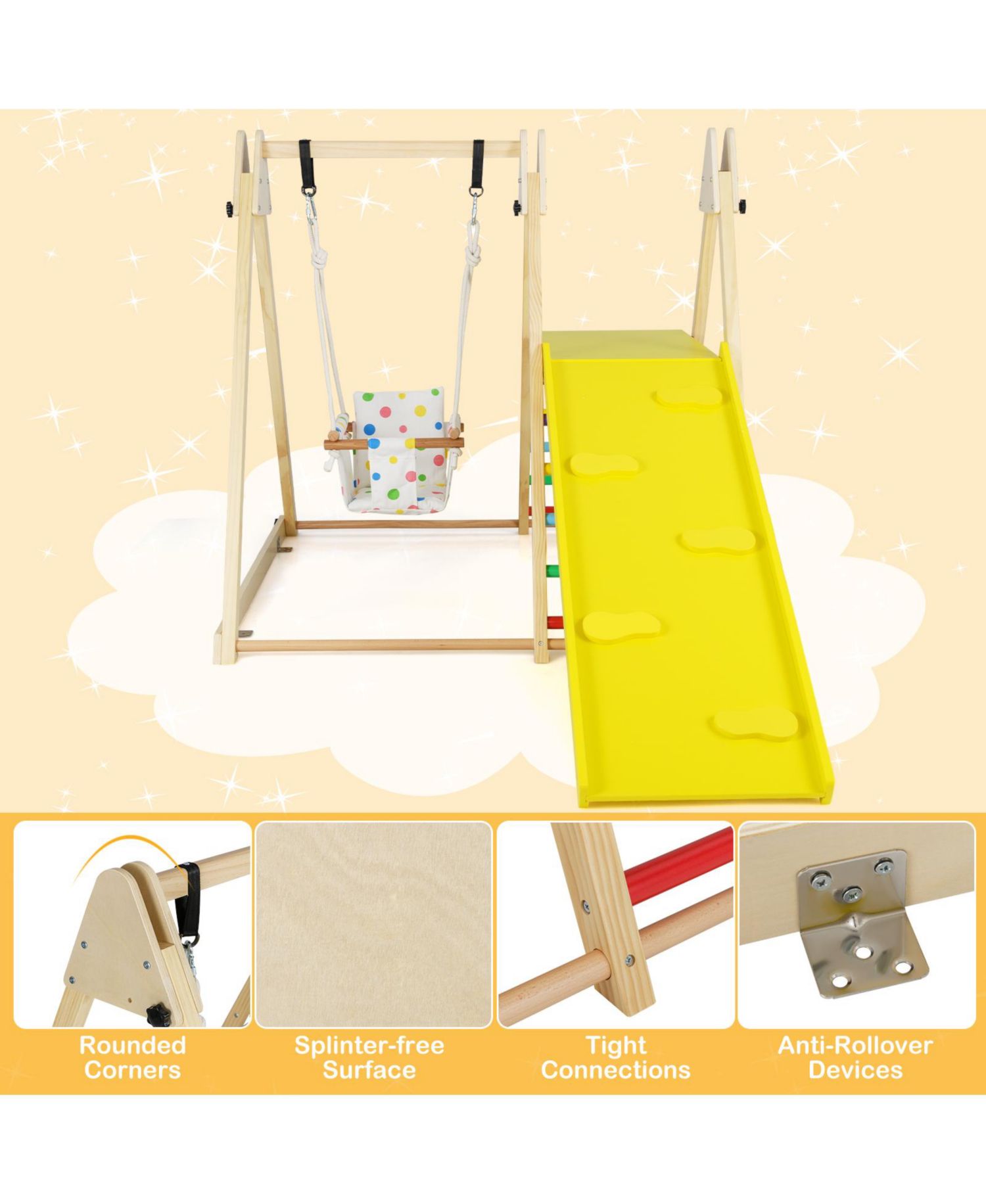 4-in-1 Indoor Jungle Gym Montessori-Inspired Swing, Ladder, Platform and Ramp, 4-Piece Set