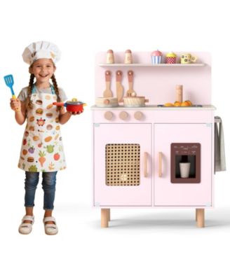 Wooden Pretend Kitchen Playset with Realistic Ice Maker, Fun Interactive Toy
