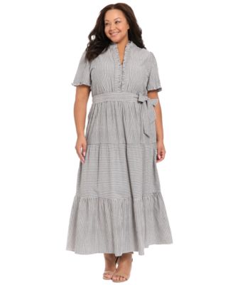 Plus Size Stripe Tiered Ruffle Neck Dress