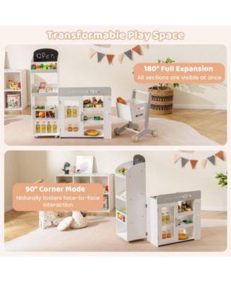 Kids Grocery Store Playset, Convertible Wooden Play Store with Shopping Cart for Pretend Play