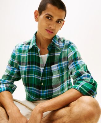 Men's Linen Summer Madras Plaid Shirt