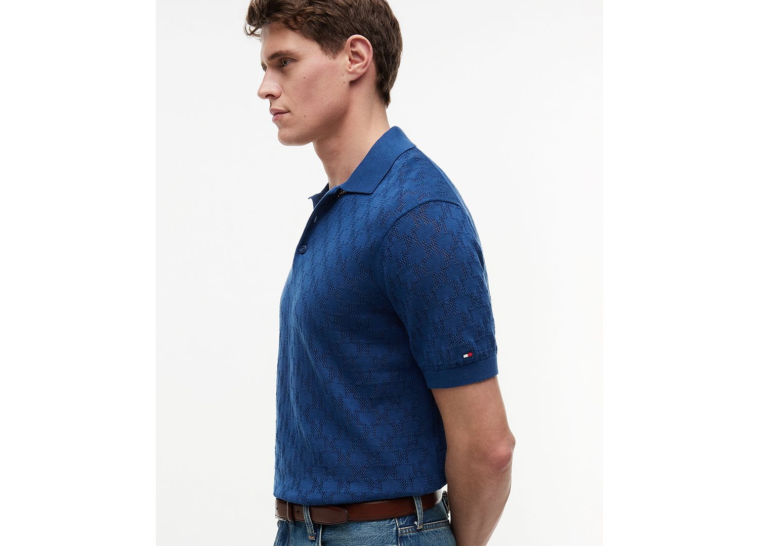 Men's Regular-Fit Open Knit Pattern Short-Sleeve Sweater Polo