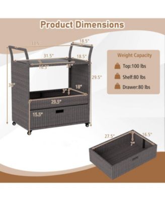 Patio Wicker Bar Cart with Durable Tempered Glass Tabletop