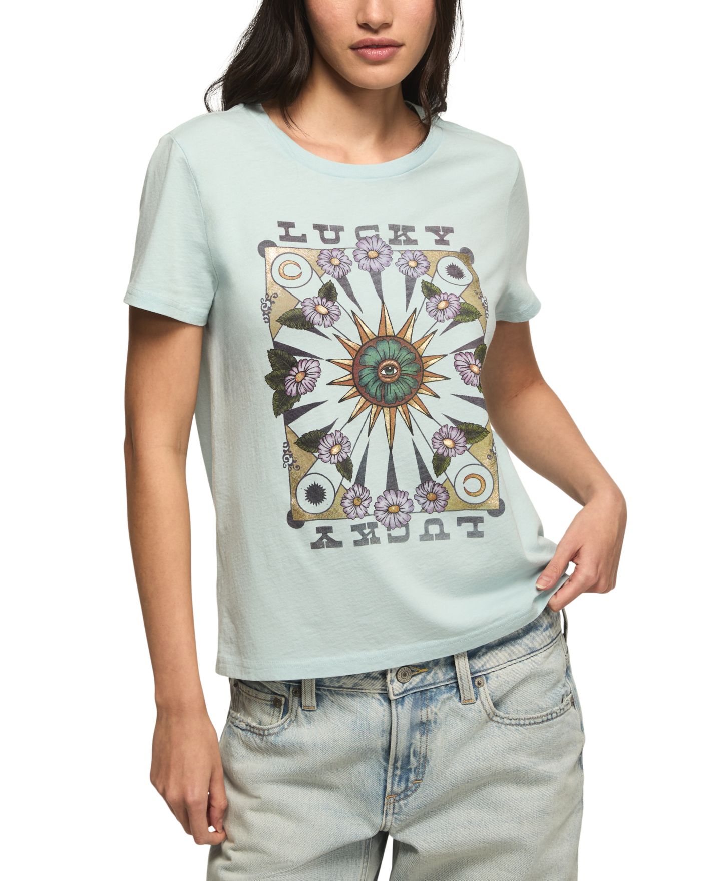 Женская футболка Lucky Brand Floral Poster Printed Classic Fit Crew Neck, цвет: Синий — фото 1