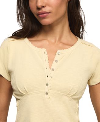 Women's Crochet Trim Short-Sleeve Henley Top