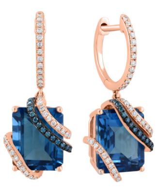 London Blue Topaz (8 ct. t.w.), White Diamond (1/4 ct. t.w.) and Blue Diamond (1/10 ct. t.w.) Drop Earrings in 14k Rose Gold