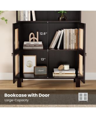 71" Tall Bookshelf, 5 Tier Wood Storage Bookcase with Rattan Doors and Ample Storage Space for Living Room, Home Office