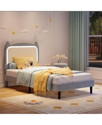 Twin Size Bed Frame with Cat Headboard, Twin Platform Bed Frame with GRB LED Lights & Strong Wood Slats Support, Noise Free