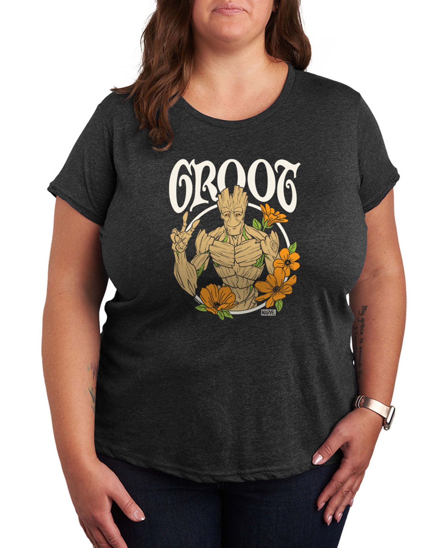 Plus Size Guardians Of The Galaxy Groot Peace Flowers Short-Sleeve Graphic T-Shirt