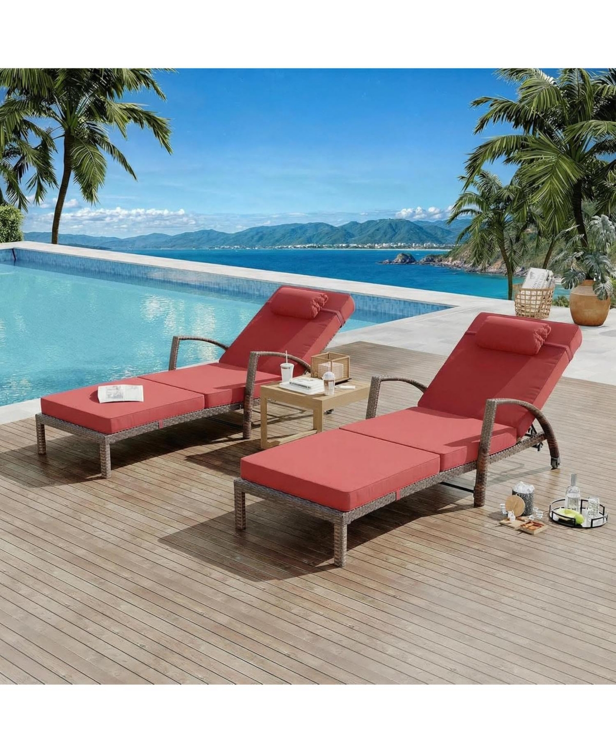 gaomon 2-Piece Rattan Patio Folding Chaise Lounge, 5-Position Adjustable Backrest Outdoor Lounge Chair with Cushion and Pillow for Poolside, Backyard.